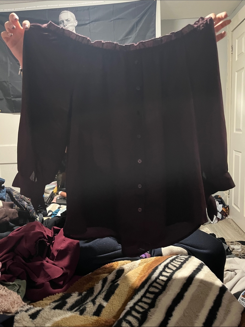 Off-Shoulder Button-Front Women’s Top in Deep Plum